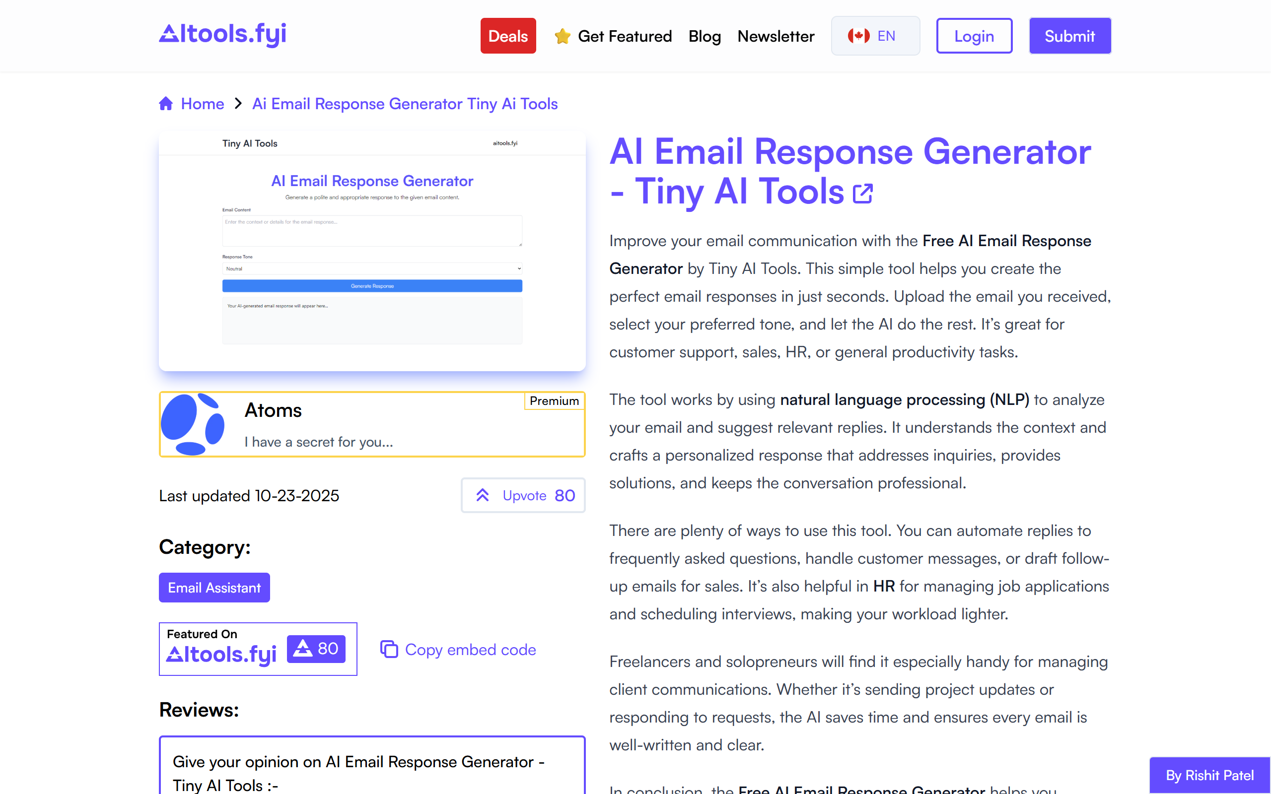 AI Email Response Generator - Tiny AI Tools screenshot