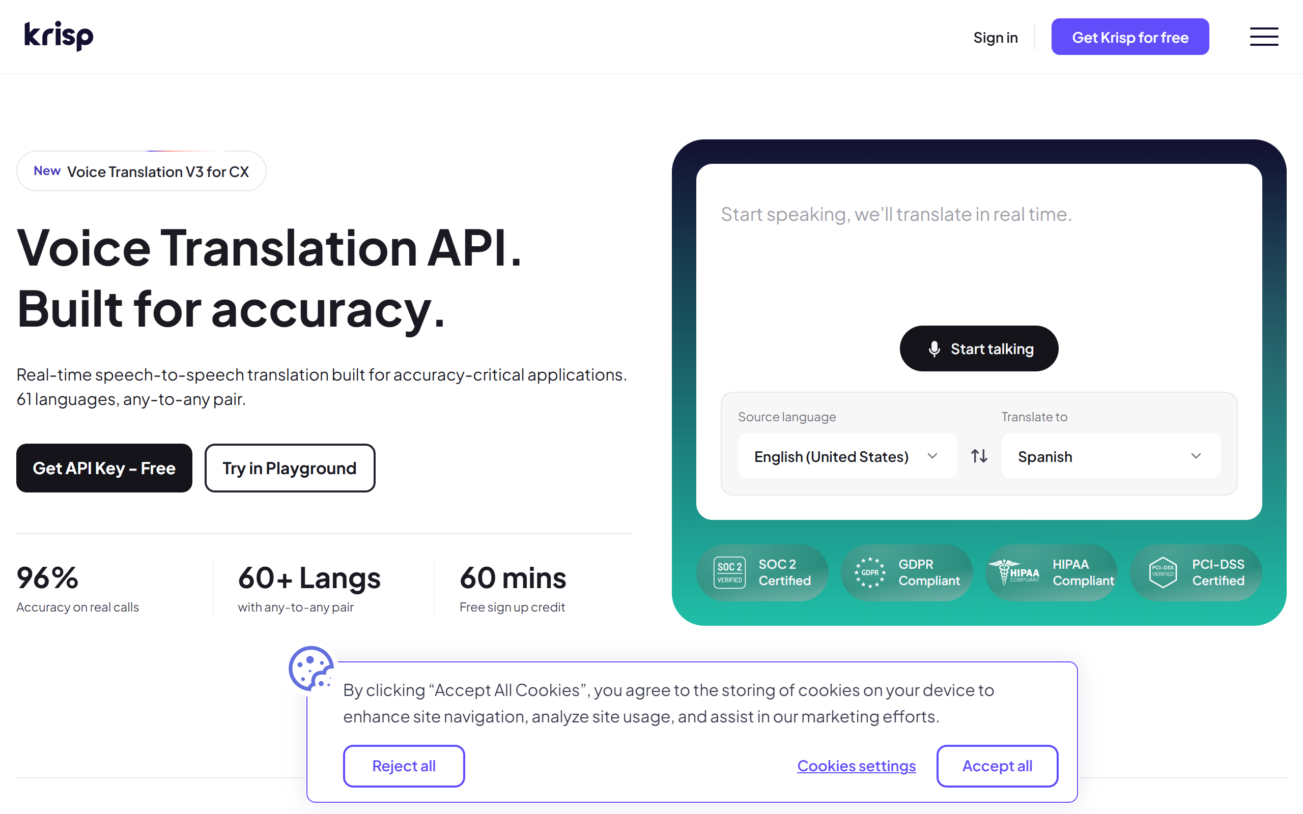 Krisp Voice Translation API screenshot