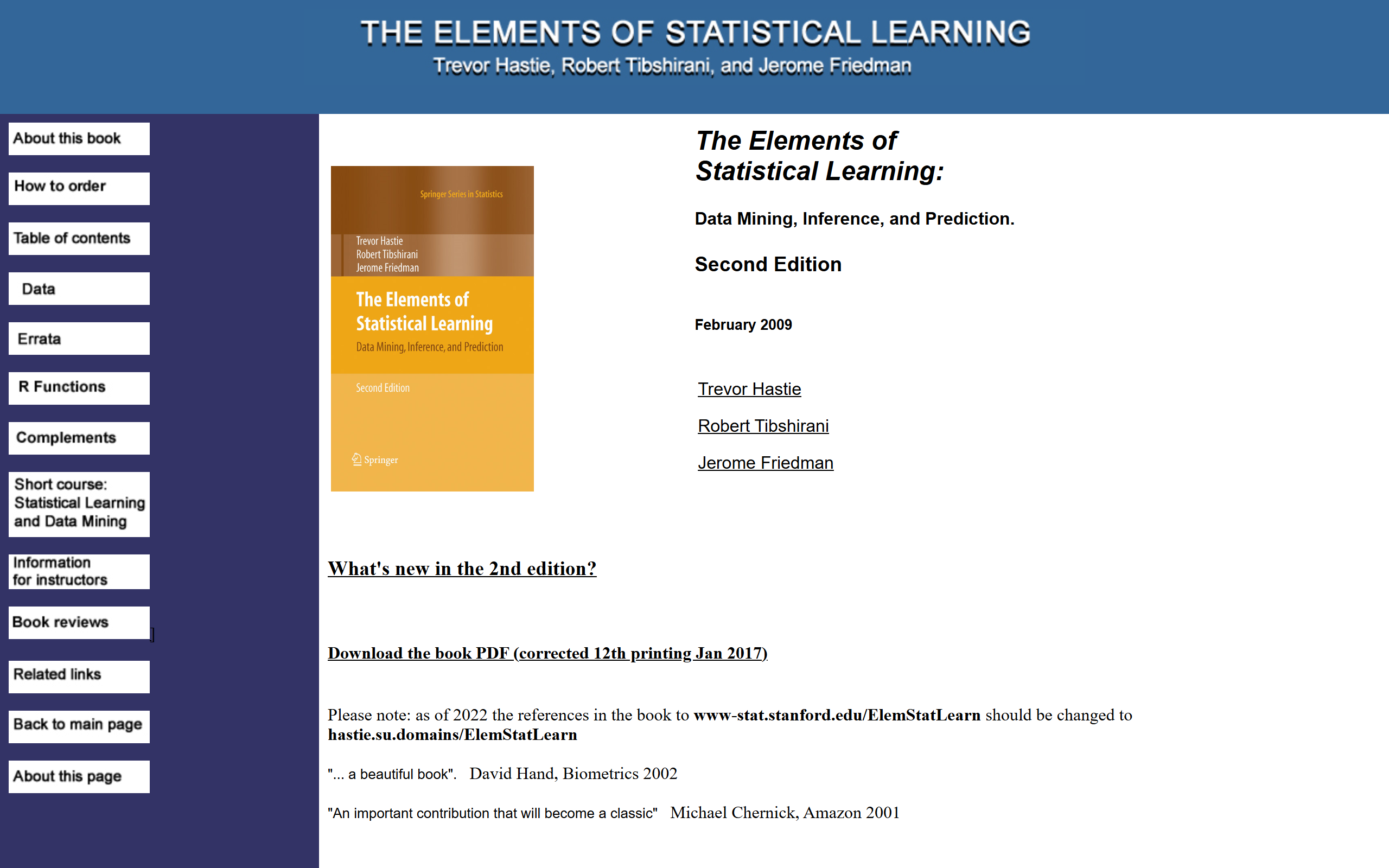 The Elements of Statistical Learning by Trevor Hastie, Robert Tibshirani, and Jerome Friedman screenshot